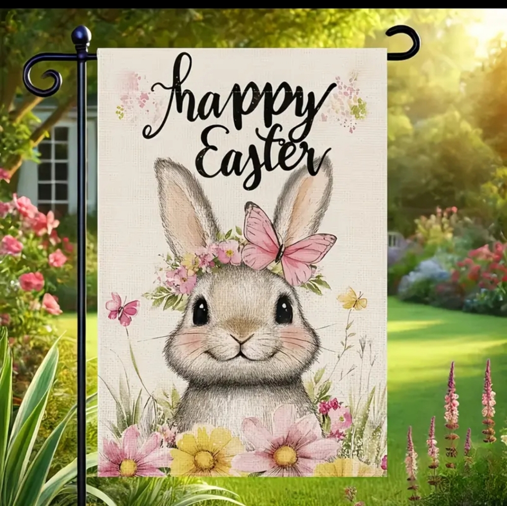 Happy Easter Bunny Garden Flag with Pink Floral Accents. NIP